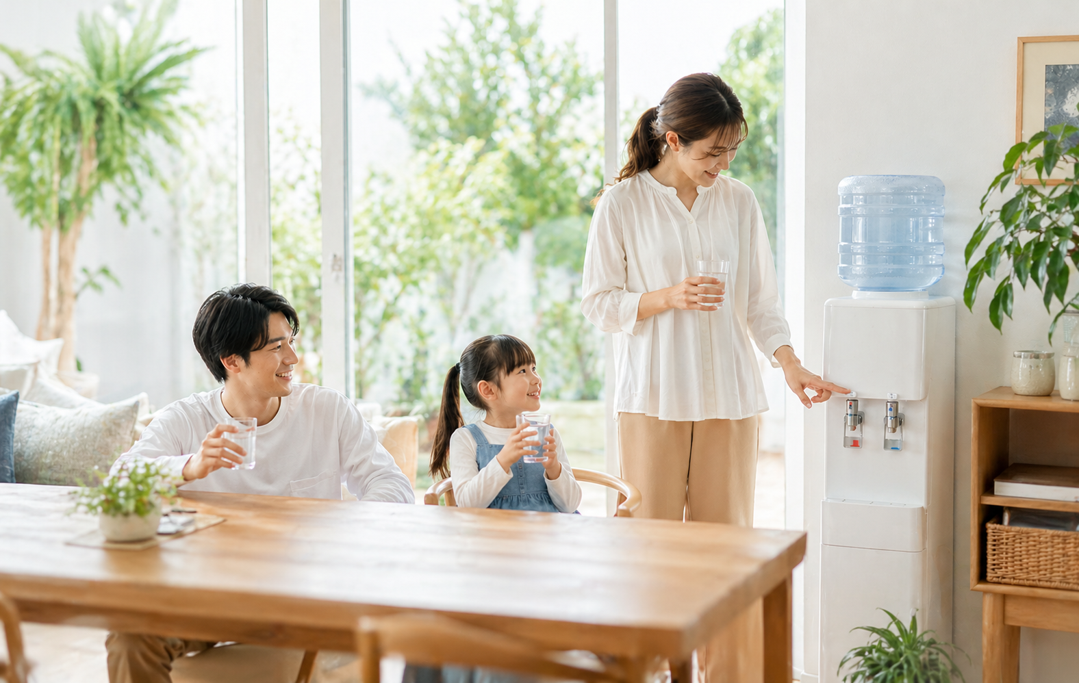 明るい室内でウォーターサーバーを利用する家族のイメージ